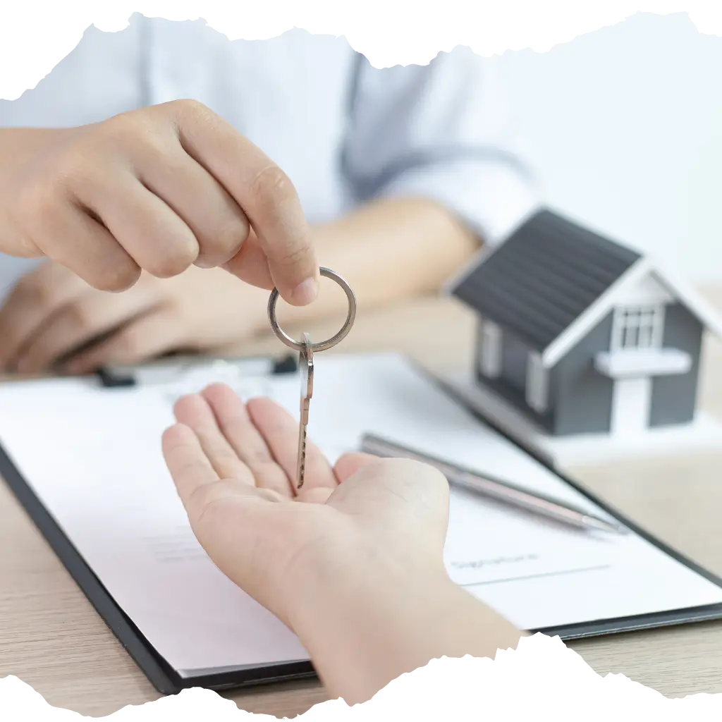 An estate agent handing over the keys of a house to an emotional support animal owner in the UK.