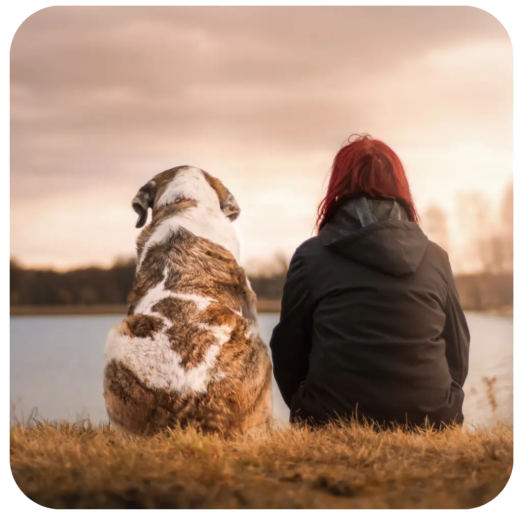 A lady and her emotional support dog staring into the distance.
