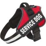 A red emotional support animal harness with a service dog message, by ESA Registry UK.