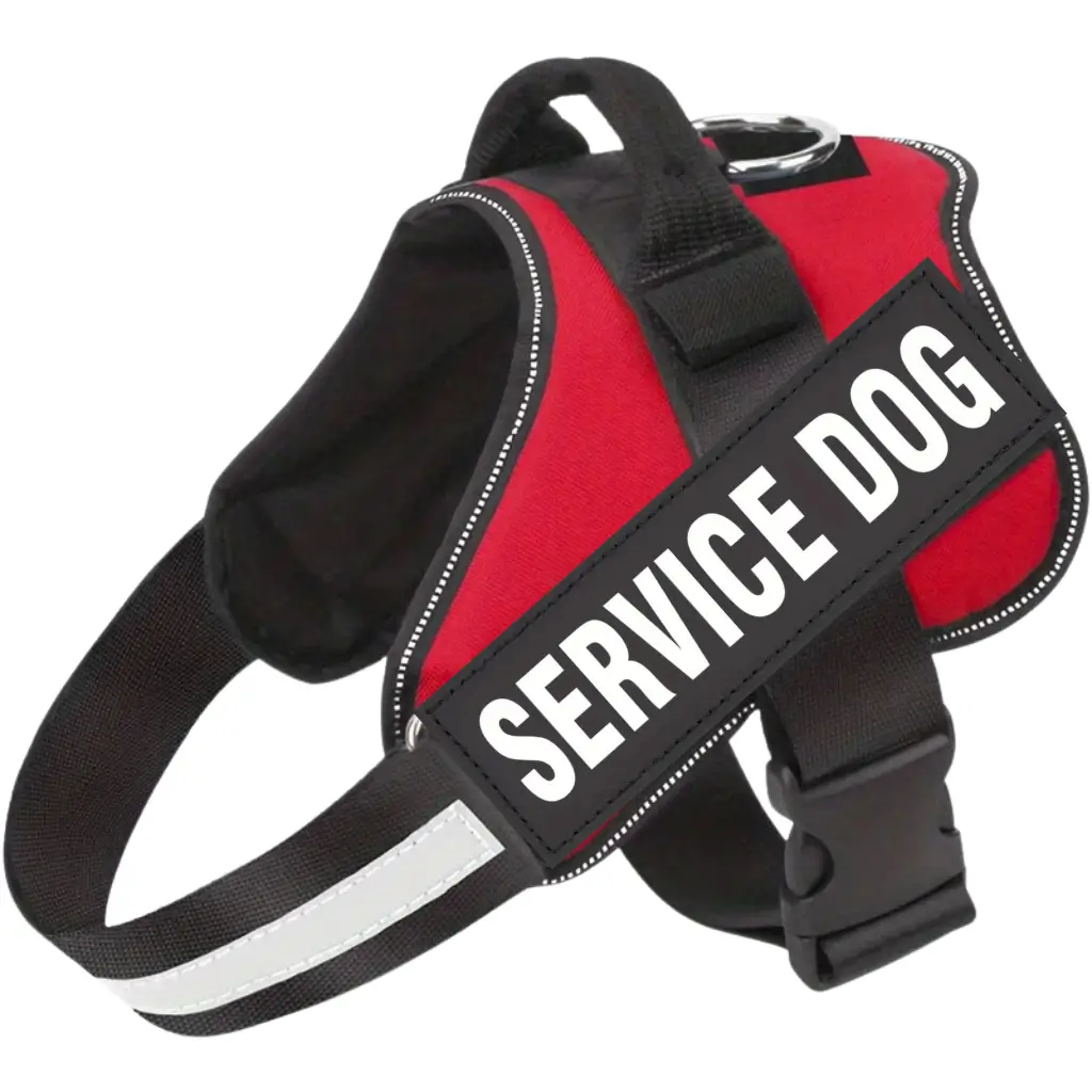 A red emotional support animal harness with a service dog message, by ESA Registry UK.