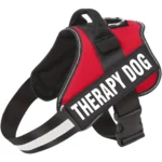 A red emotional support dog harness with a therapy dog label, by ESA Registry UK.