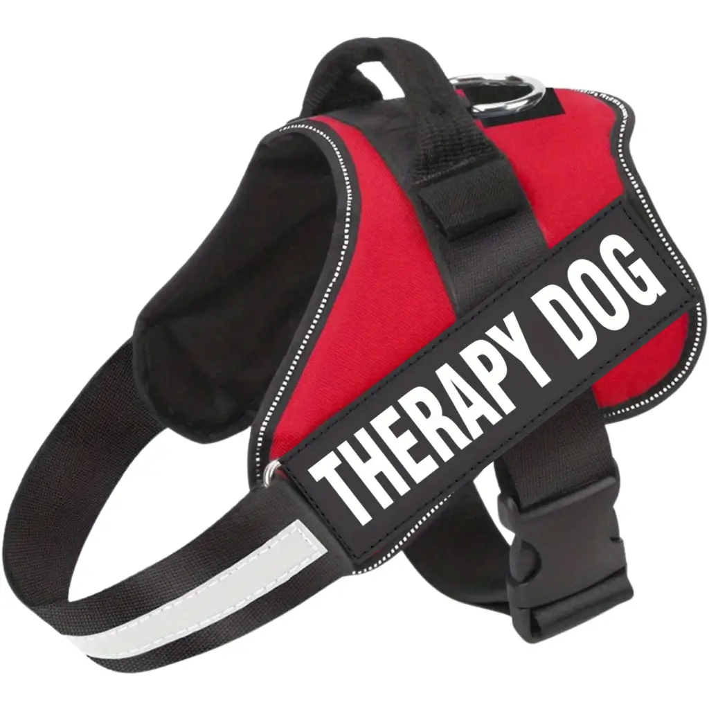 A red emotional support dog harness with a therapy dog label, by ESA Registry UK.