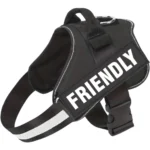 A black emotional support dog harness with a friendly message, by ESA Registry UK.