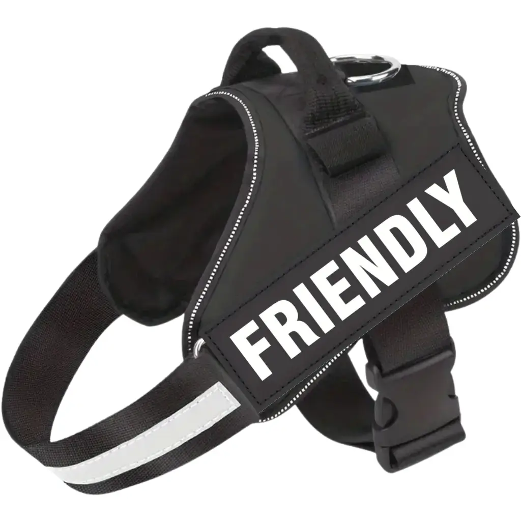 A black emotional support dog harness with a friendly message, by ESA Registry UK.
