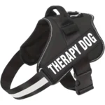 Black emotional support dog harness with therapy dog message.
