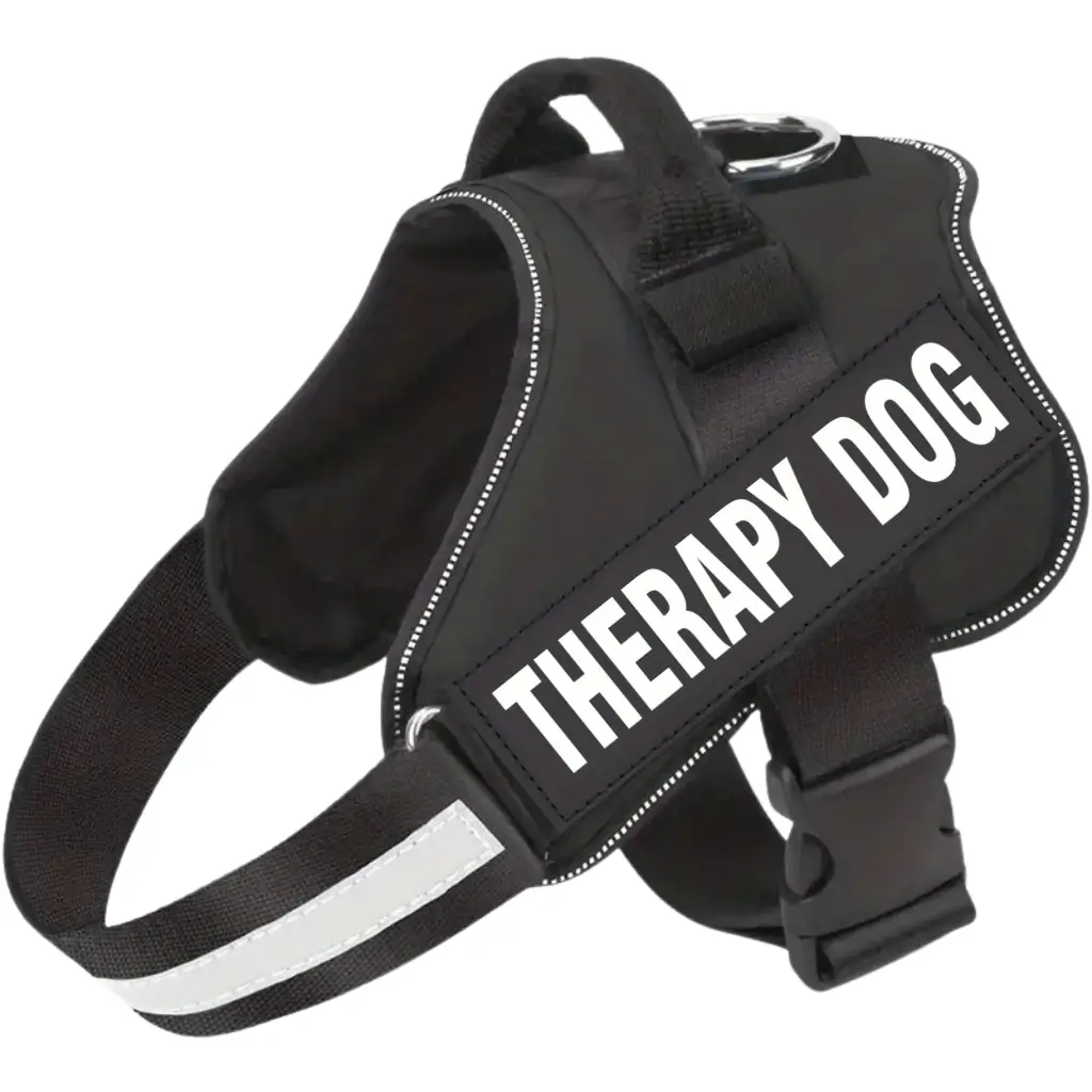 Black emotional support dog harness with therapy dog message.
