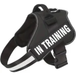Black emotional support dog harness with in training message, by ESA Registry UK.