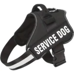 Black emotional support dog harness with a service dog message, by ESA Registry UK.