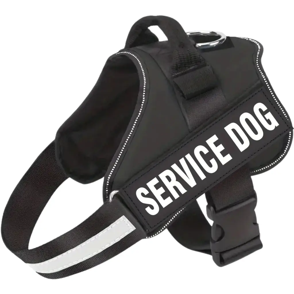 Black emotional support dog harness with a service dog message, by ESA Registry UK.