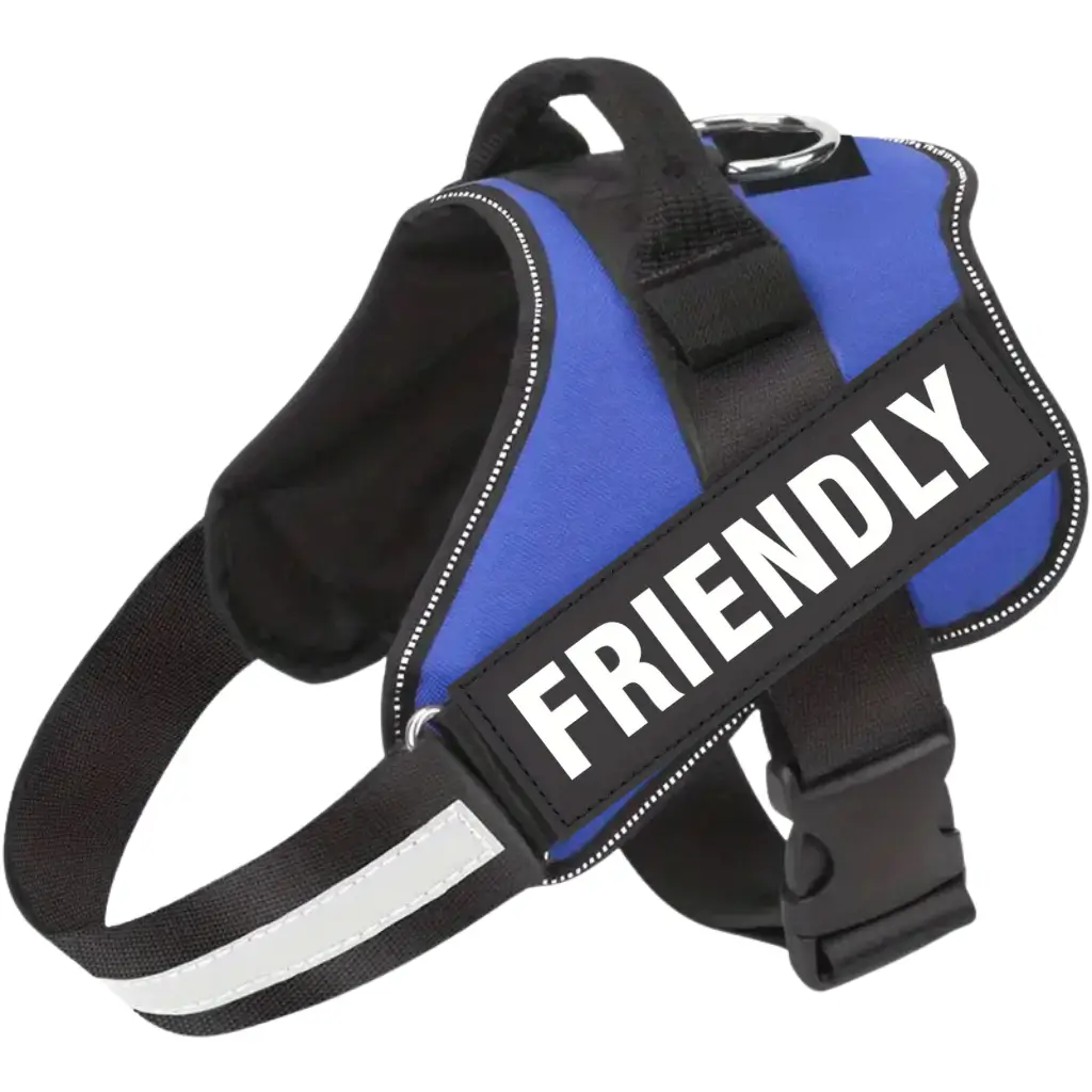 Emotional support dog harness in blue, with a friendly message by ESA Registry UK.