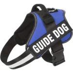 Emotional support dog harness in blue with a guide dog label, by ESA Registry UK.
