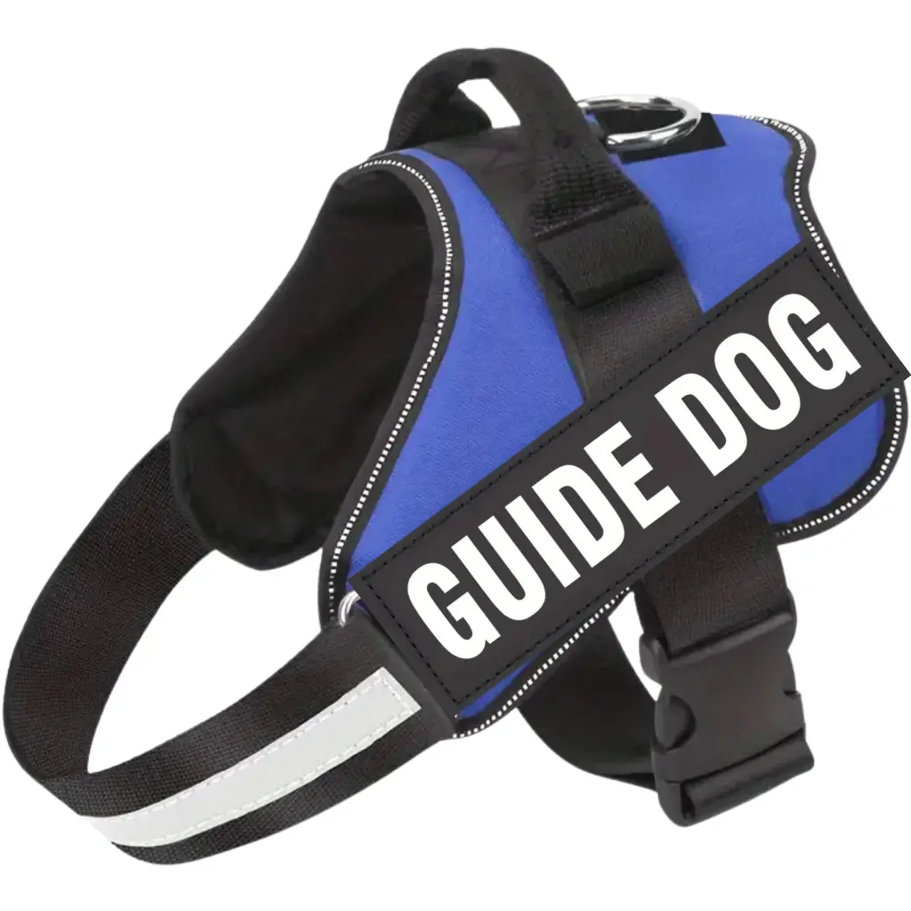 Emotional support dog harness in blue with a guide dog label, by ESA Registry UK.
