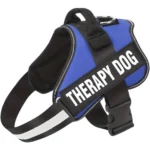 A blue emotional support dog harness with a therapy dog label, by ESA Registry UK.