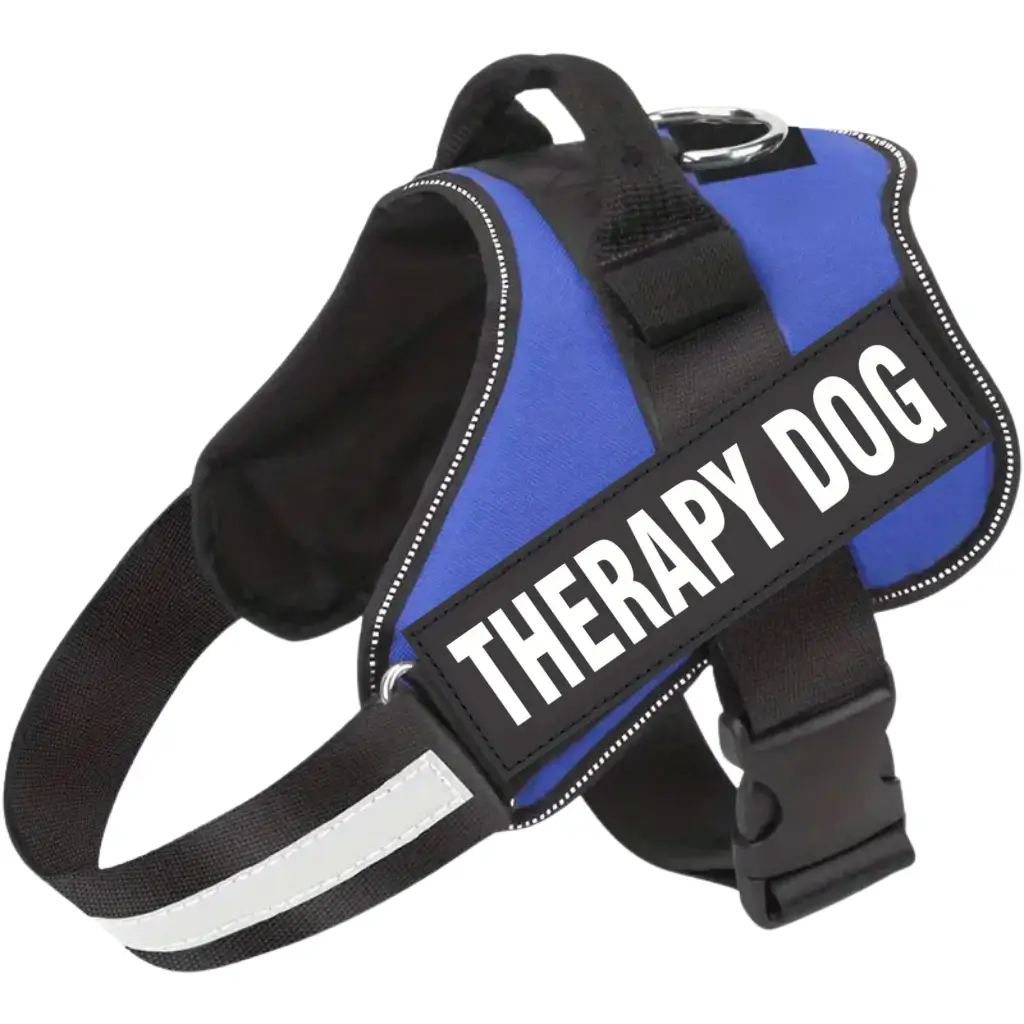 A blue emotional support dog harness with a therapy dog label, by ESA Registry UK.
