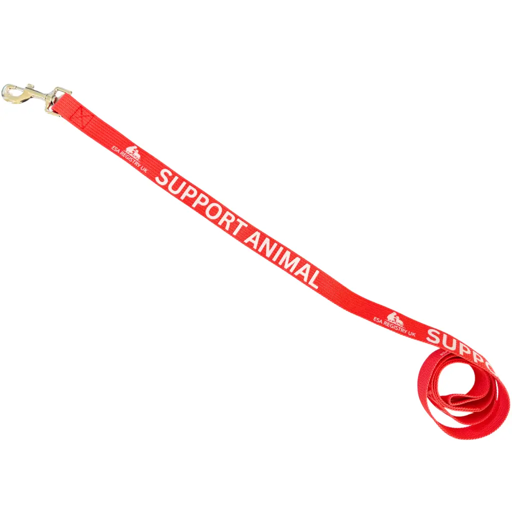 An emotional support dog leash or lead, in red, with the ESA Registry UK logo.