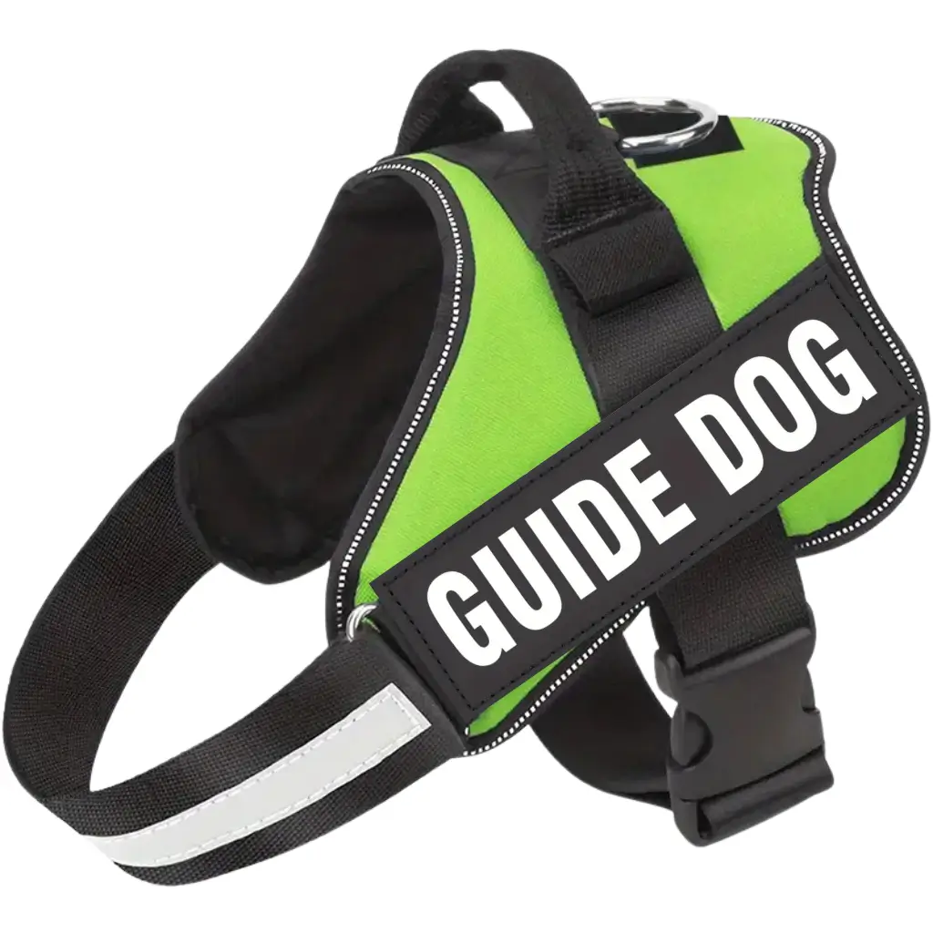 Emotional support dog harness in green, with a guide dog label, by ESA registry UK.