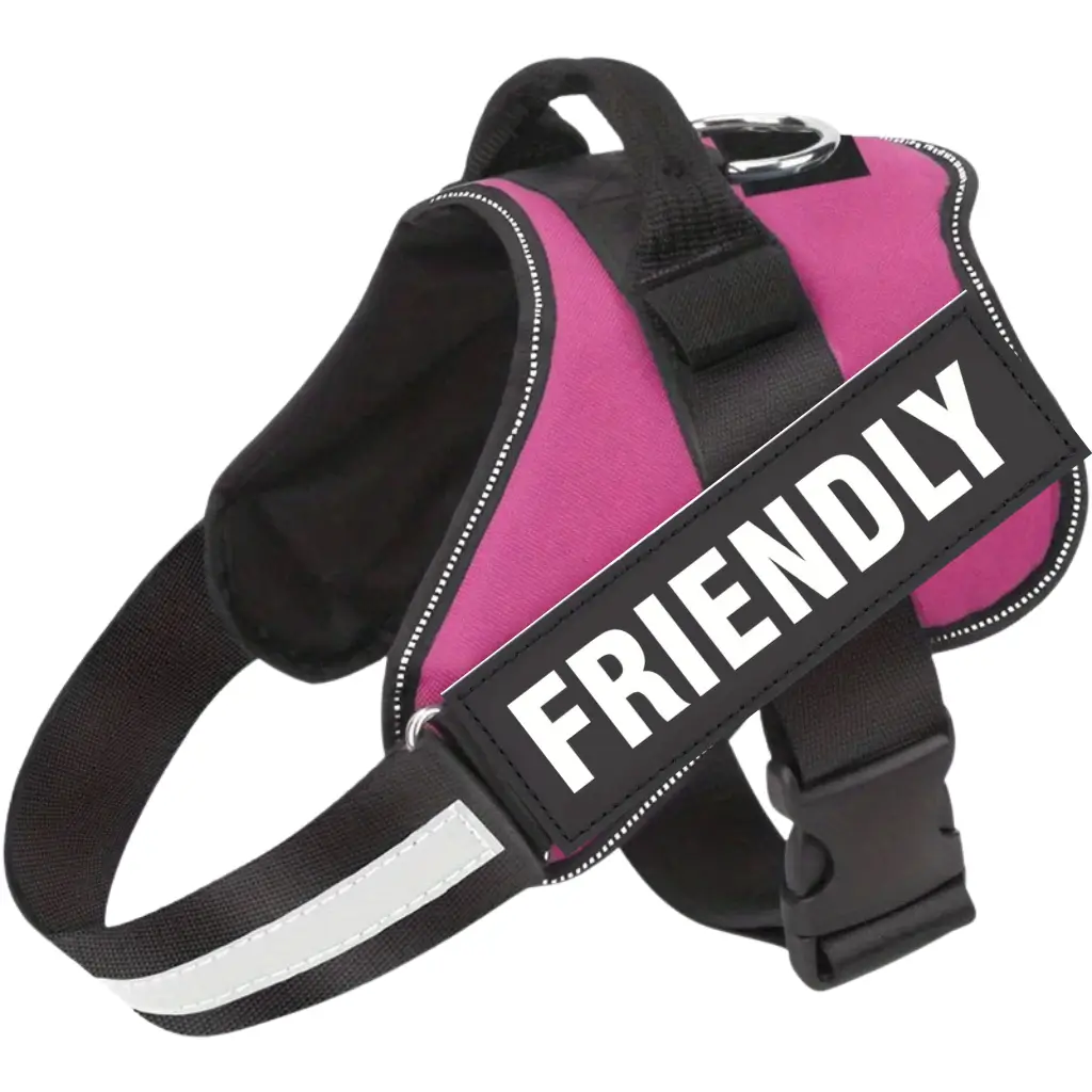 Pink emotional support dog harness with a friendly message, by ESA Registry UK.