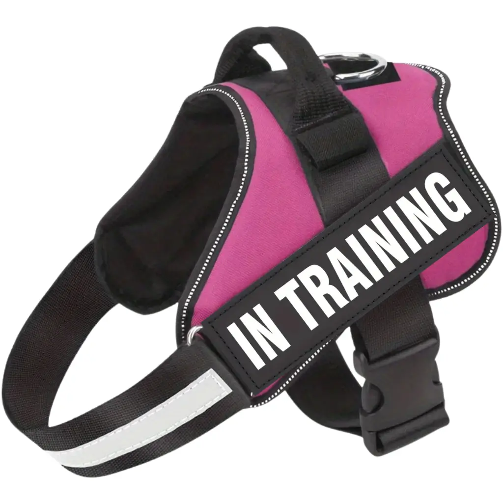Emotional support dog harness in pink, with in training message, by ESA registry UK.