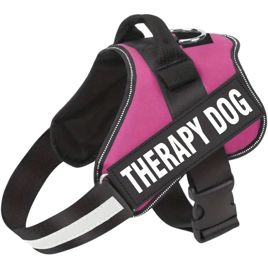 Pink emotional support dog harness with therapy dog message, by ESA Registry UK.
